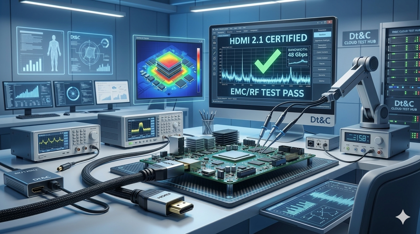 A sophisticated laboratory test setup featuring a thick, premium HDMI 2.1 cable connecting a complex PCB board to a large spectrum analyzer with 'HDMI CERTIFIED' and 'EMC/RF TEST PASS' digital data visualizations. Robotic probes are actively testing. Professional environment under cool ambient light. No text characters. Dt&amp;C logo subtly integrated.