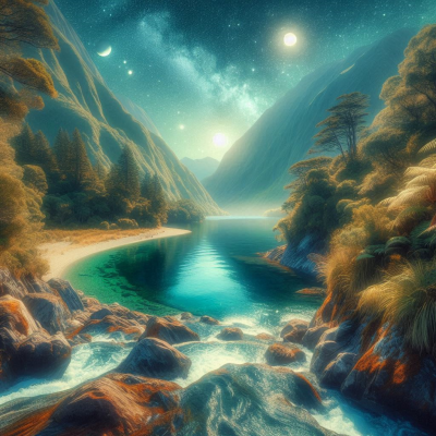 별들이 빛나는 밤하늘과 평화로운 강물이 조화로운 풍경입니다.