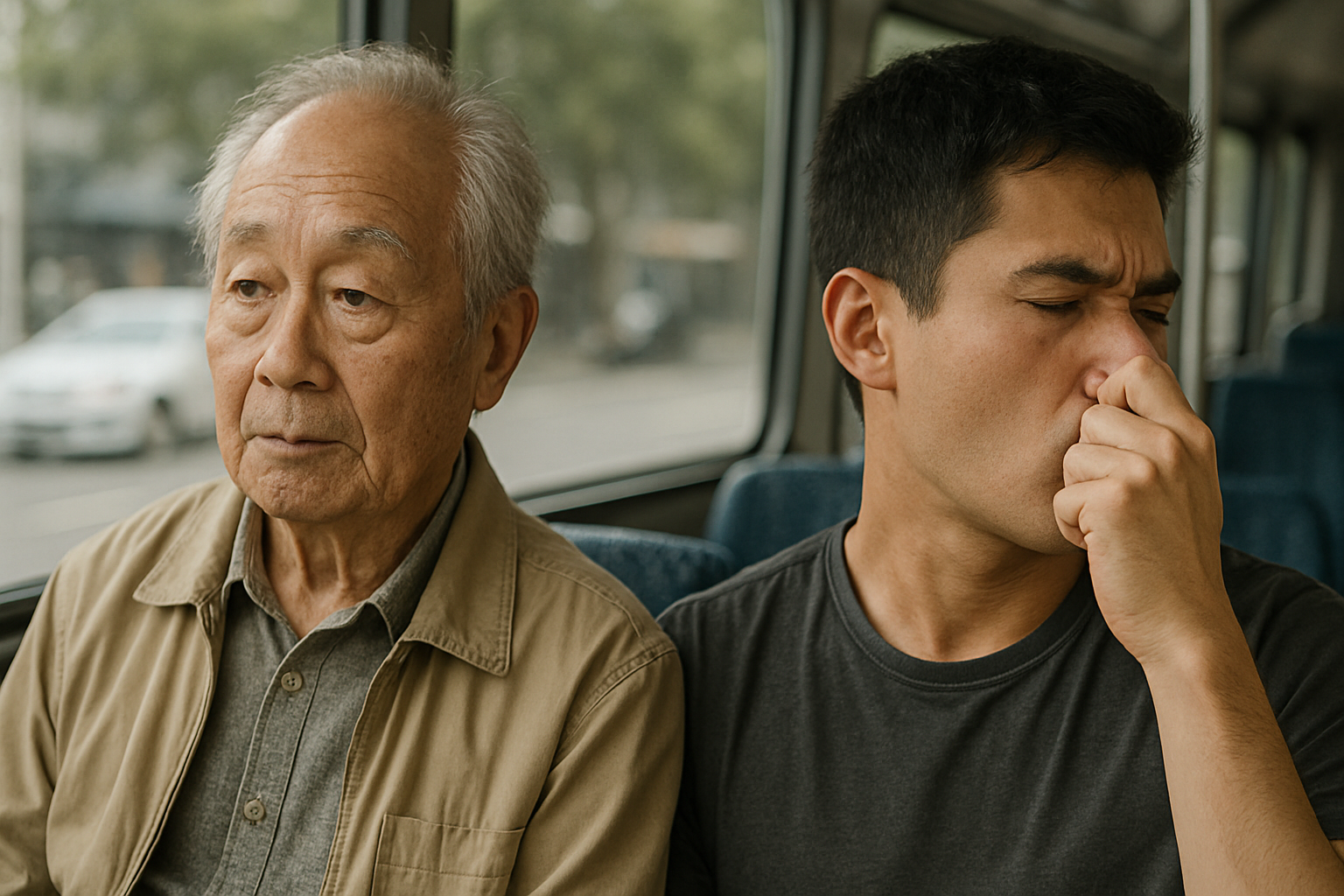버스 안에 있는 노인에게서 냄새가 나는지 노인과 반대로 얼굴을 돌린 채 코를 틀어 막고 있는 젊은 남성의 모습