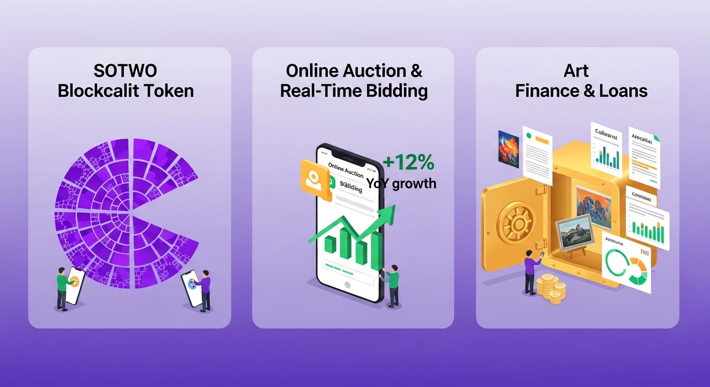 Seoul Auction new business three column visual. Left SOTWO blockchain token purple circle fractal artwork divided into pieces small investors mobile. Center Online auction real-time mobile bidding +112% YoY growth green. Right Art finance loan collateral artwork appraisal data gold vault. Purple gradient background. English labels.