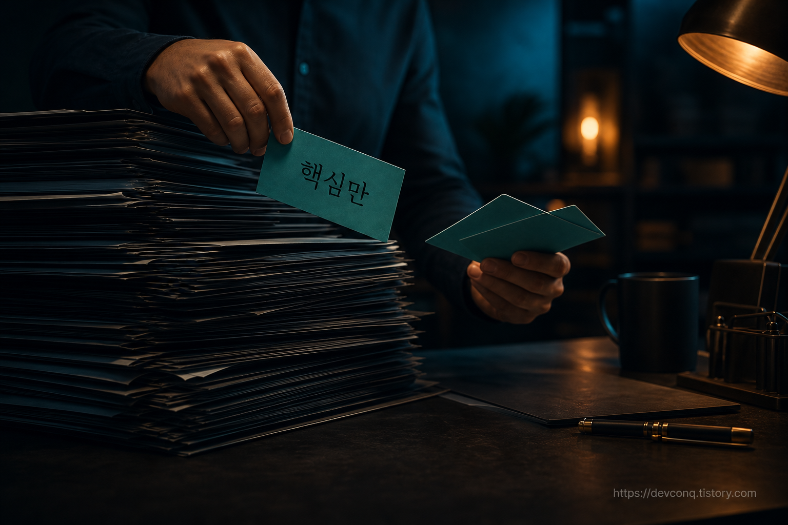 두꺼운 지침 더미에서 핵심 카드 몇 장만 골라내는 장면