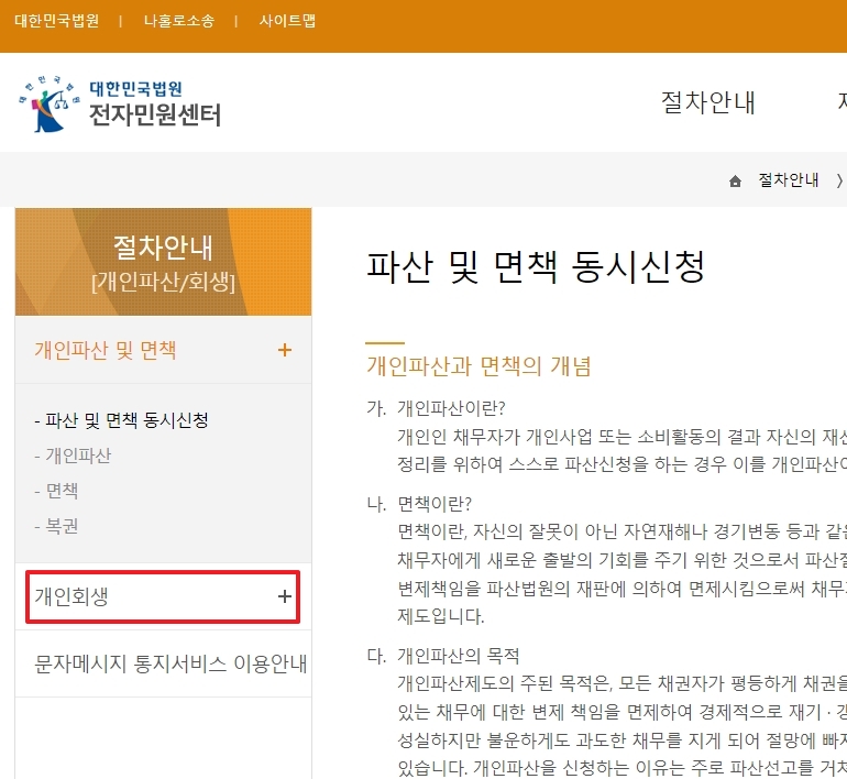 개인 회생 관련 세부 정보를 확인하는 화면