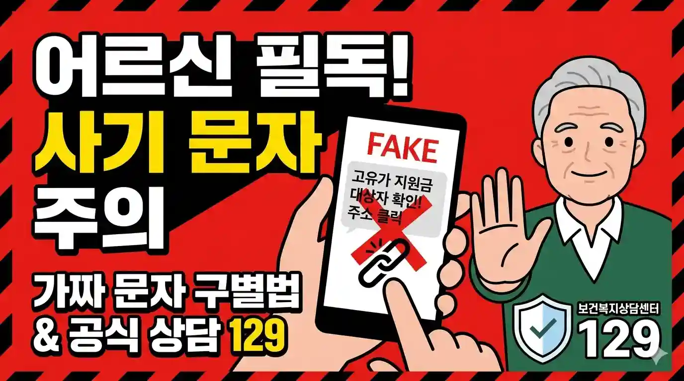 고유가 지원금을 빙자한 가짜 문자 링크 클릭 금지를 경고하는 손짓과 보건복지상담센터 129 번호가 강조된 스미싱 예방 안내