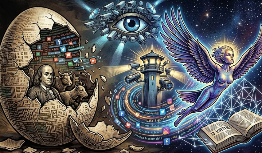 디지털 알을 깨고 비상하는 새. '자아 탄생'과 '지적 자립' 시각화. (A bird soaring from a digital egg, visualizing 'the birth of self' and 'intellectual self-reliance'.)