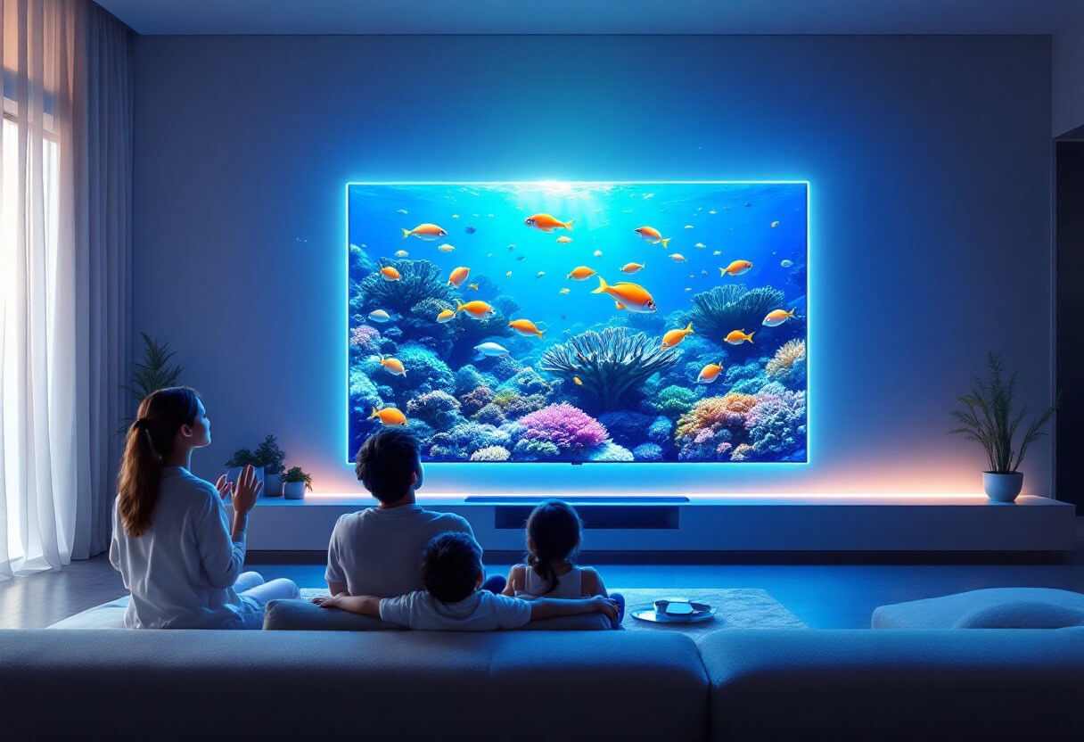 가족이 거실 소파에 앉아 삼성의 최첨단 3D 디스플레이 TV를 감상하고 있는 장면. TV 화면에서는 산호초와 물고기가 생생하게 튀어나오는 듯한 3D 영상이 재생되고 있으며, 가족은 놀라움과 즐거움으로 가득 찬 표정을 짓고 있습니다. 방 안은 따뜻한 조명과 현대적인 인테리어로 꾸며져 있으며, 혁신적인 기술과 가정의 아늑한 분위기를 동시에 표현하고 있습니다