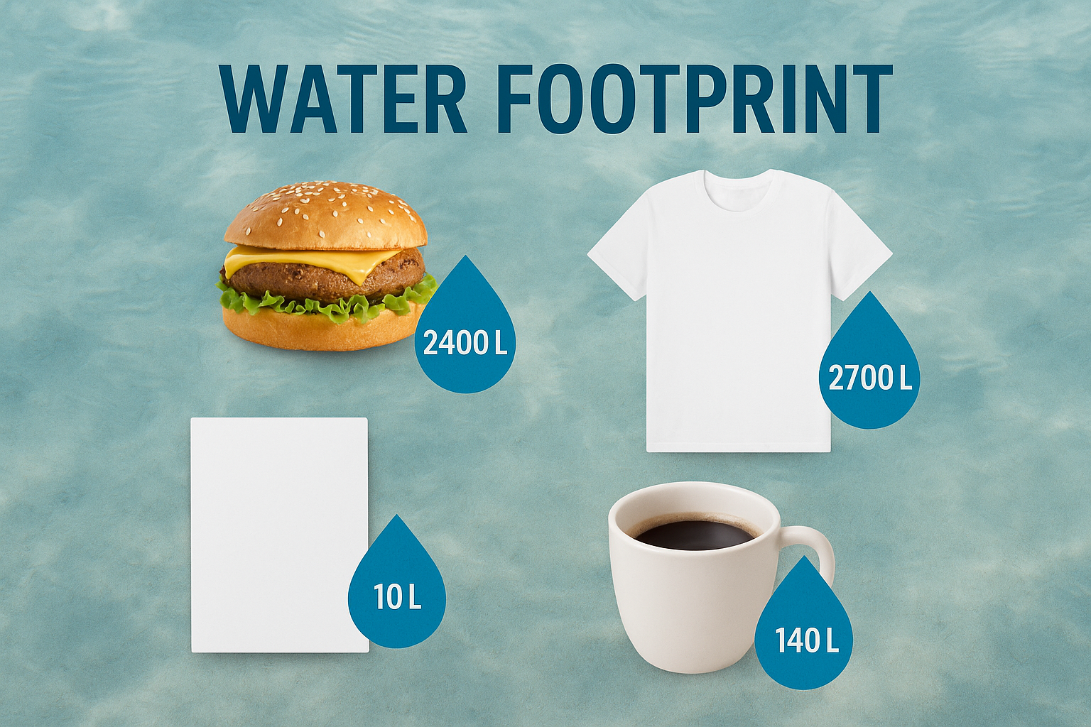 일상생활의 대표적 물품이 나타내는 물발자국 이미지