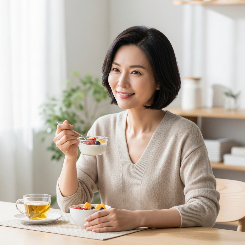 햇살 가득한 아침, 건강하고 신선한 아침 식사를 즐기는 40대 한국 여성의 우아하고 평온한 모습.