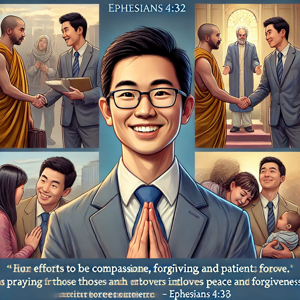 Here is the depiction of a man inspired by Ephesians 4:32, interacting with others in kindness and love, and also extending forgiveness and prayer in moments of conflict. It captures the heart of compassion, peace, and reconciliation.