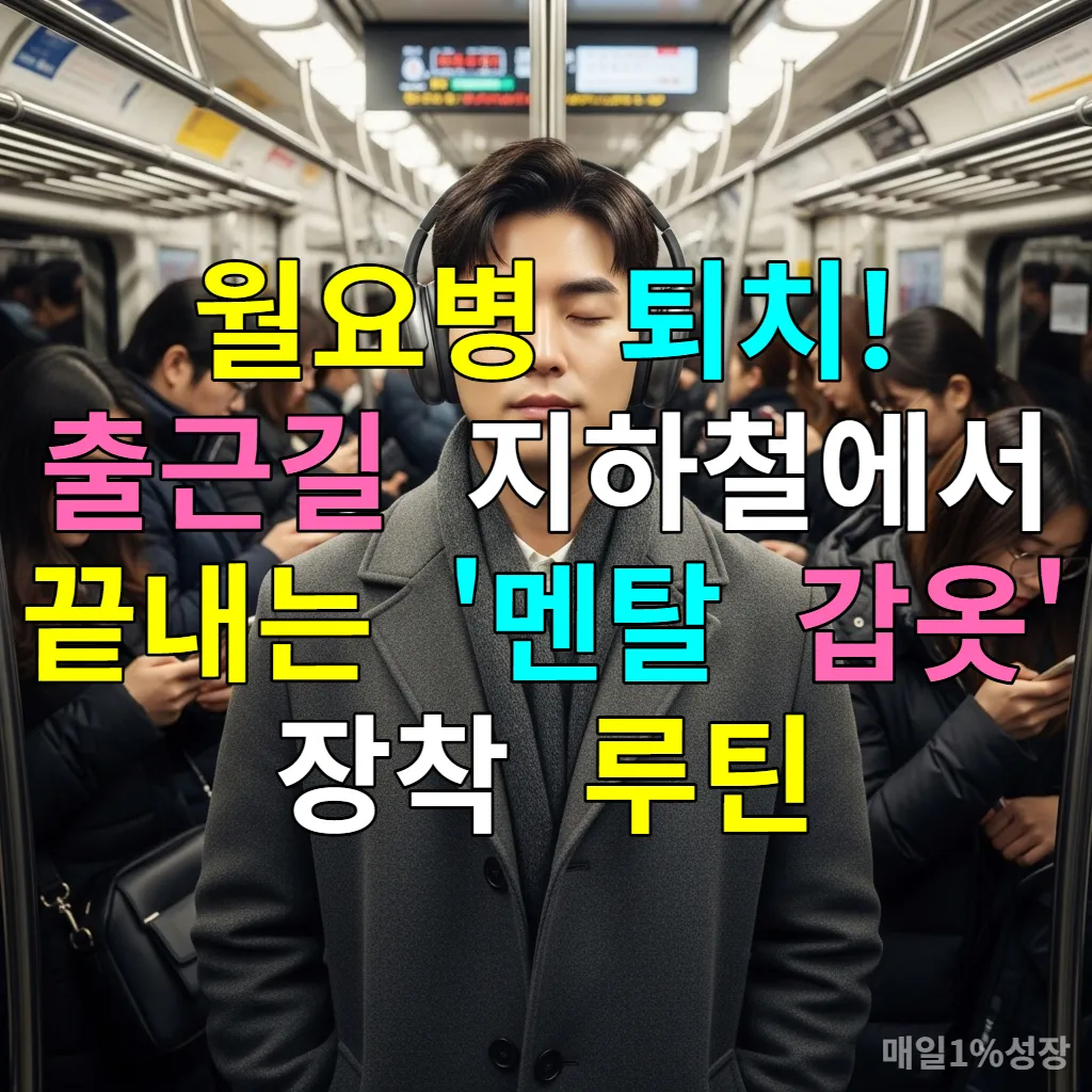 복잡한 서울 지하철 안에서 노이즈 캔슬링 헤드폰을 끼고 평온하게 출근하는 한국 직장인의 모습
