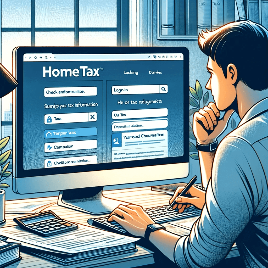 컴퓨터에서 홈텍스로 세액공제를 체크하고 있는 사람