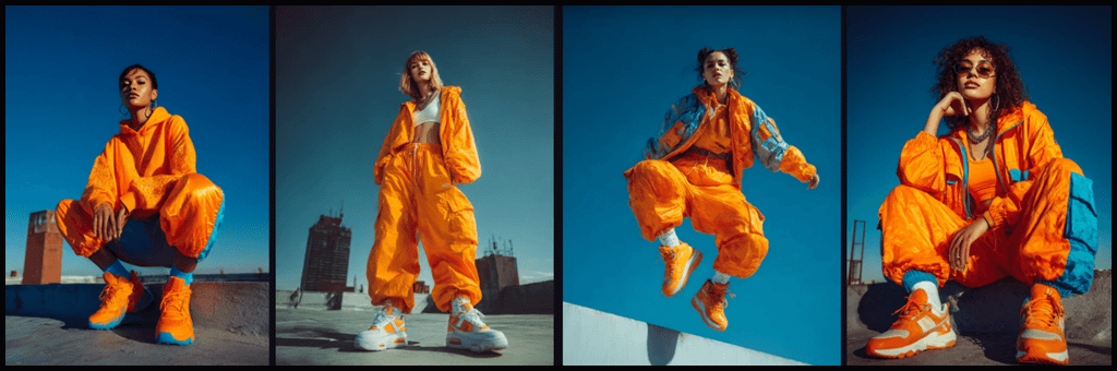 무드맵 예시, 에너제틱 감성을 위한 오렌지와 블루 조합의 도시 루프탑 이미지_Midjourney