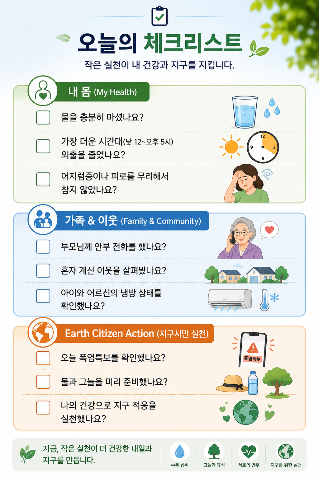 내 몸, 가족과 이웃, 지구시민 실천으로 구성된 폭염 대응 체크리스트