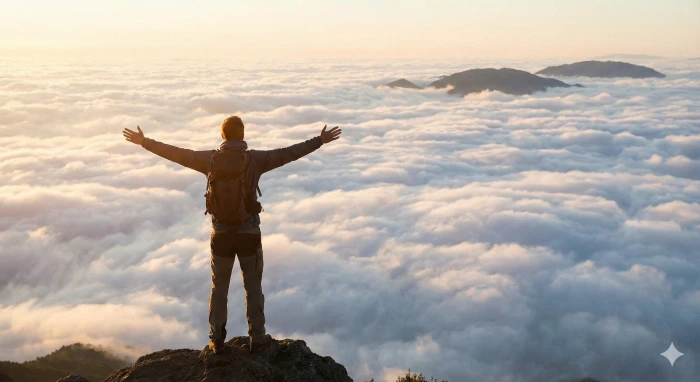 산꼭대기에서 일출을 바라보며 자유를 만끽하는 등산객의 뒷모습을 담은 이미지