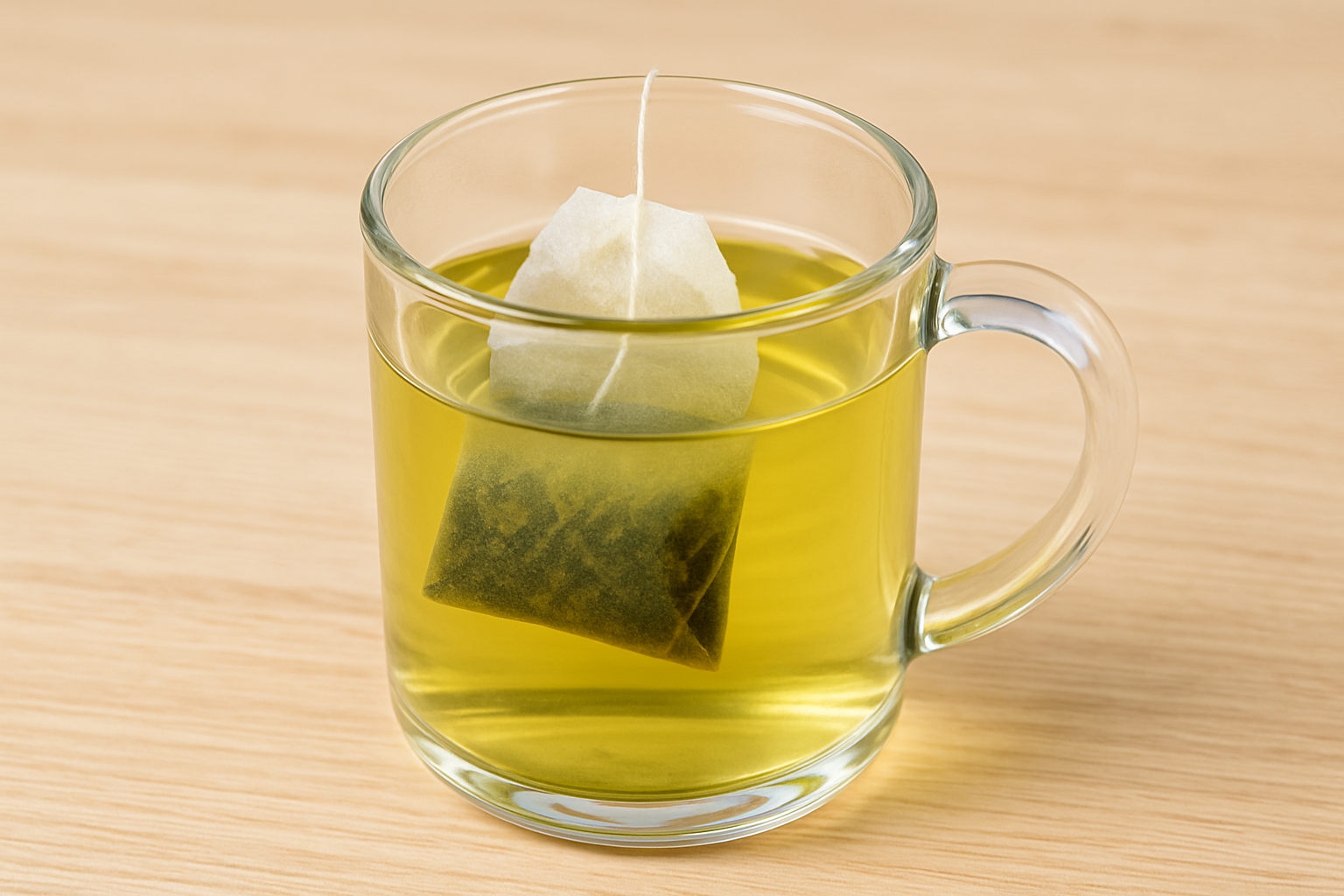 녹차 마스크팩을 직접 만들기 위해 투명한 컵의 물에 녹차 티백을 우리고 있는 이미지