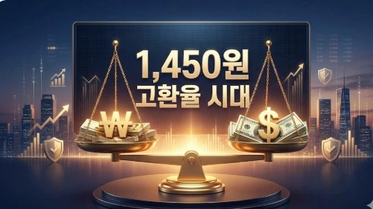 고환율 시대, 저울 위 균형 잡힌 원화와 달러 일러스트 이미지