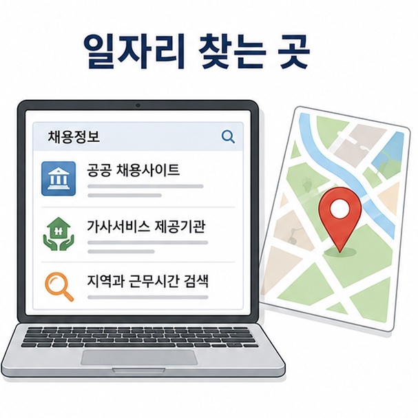 공공 채용사이트와 가사서비스 제공기관에서 지역과 근무시간을 기준으로 가사관리사 일자리를 찾는 모습을 표현한 이미지