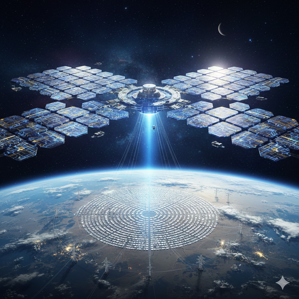 우주 태양광에서 지상으로 전력을 보내는 상상 이미지