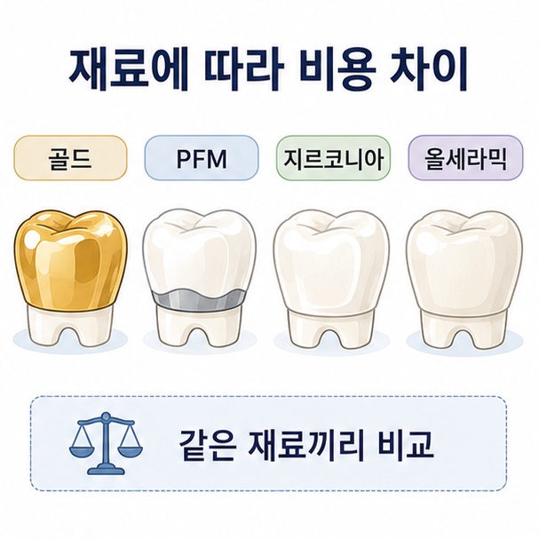 골드와 PFM, 지르코니아, 올세라믹 등 크라운 재료가 다르면 치료 비용과 특징도 달라질 수 있음을 비교한 이미지