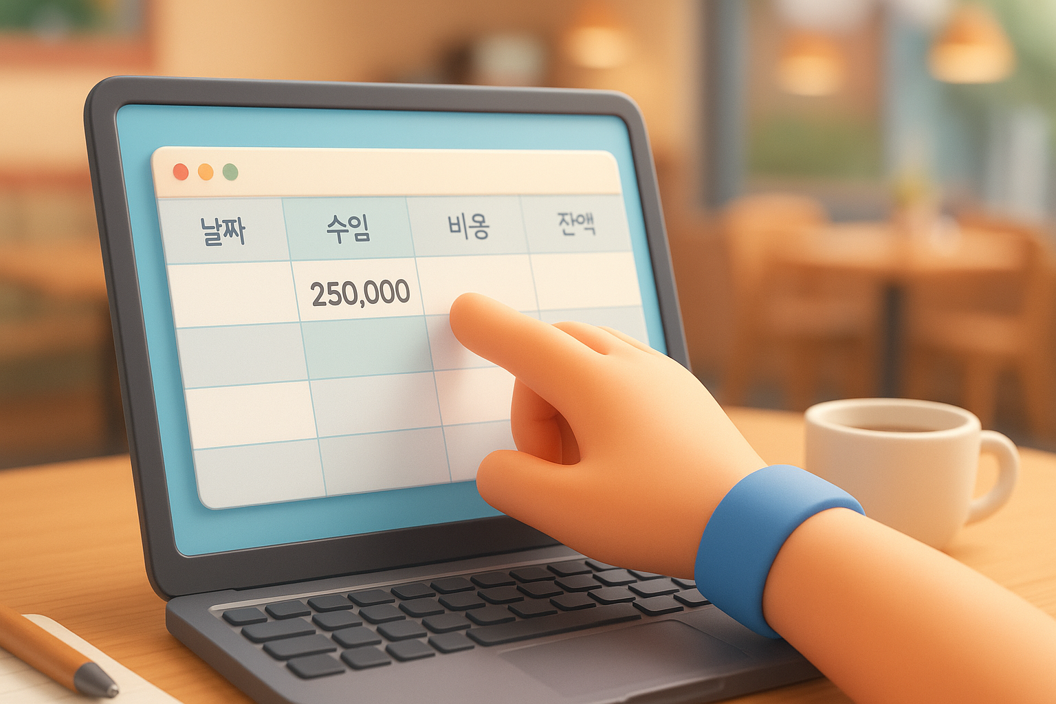 엑셀 간편장부의 '수입' 란에 날짜와 함께 550,000원이라는 금액을 입력하는 손 클로즈업.