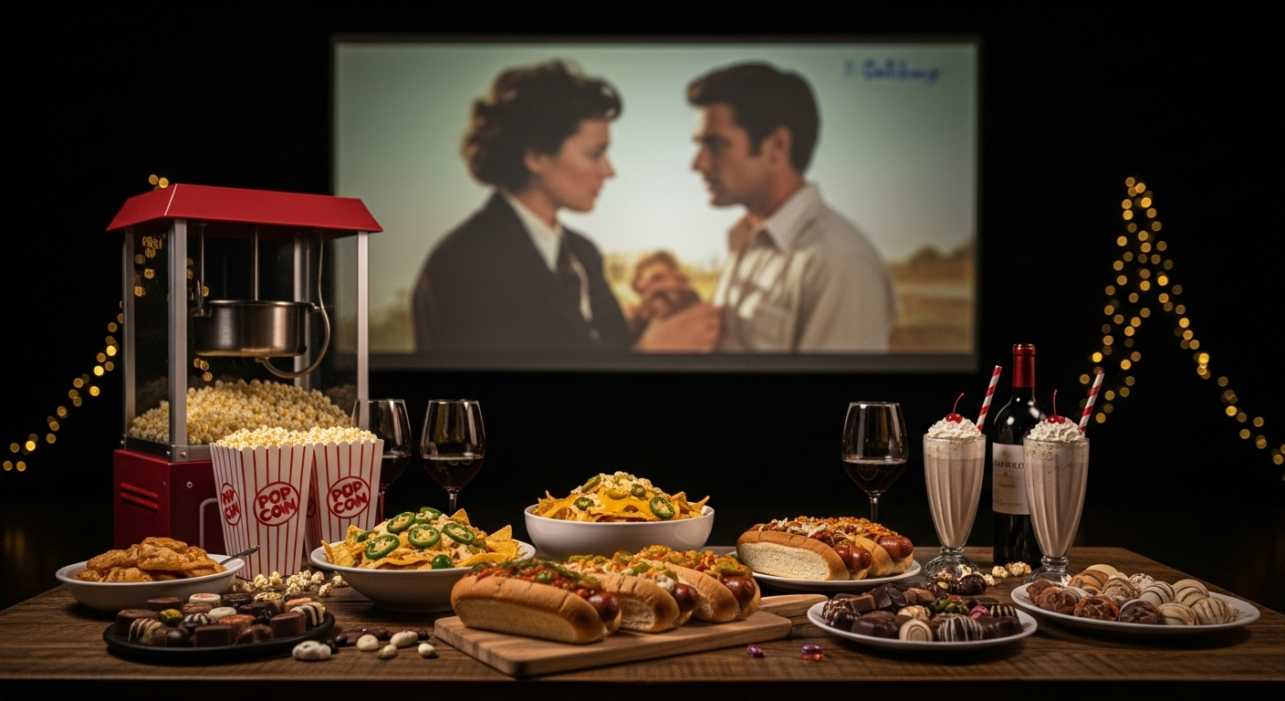 아늑한 거실, 스크린에는 영화가 상영되고 있고 앞의 테이블에는 정성스럽게 만든 음식이 놓여있는 이미지