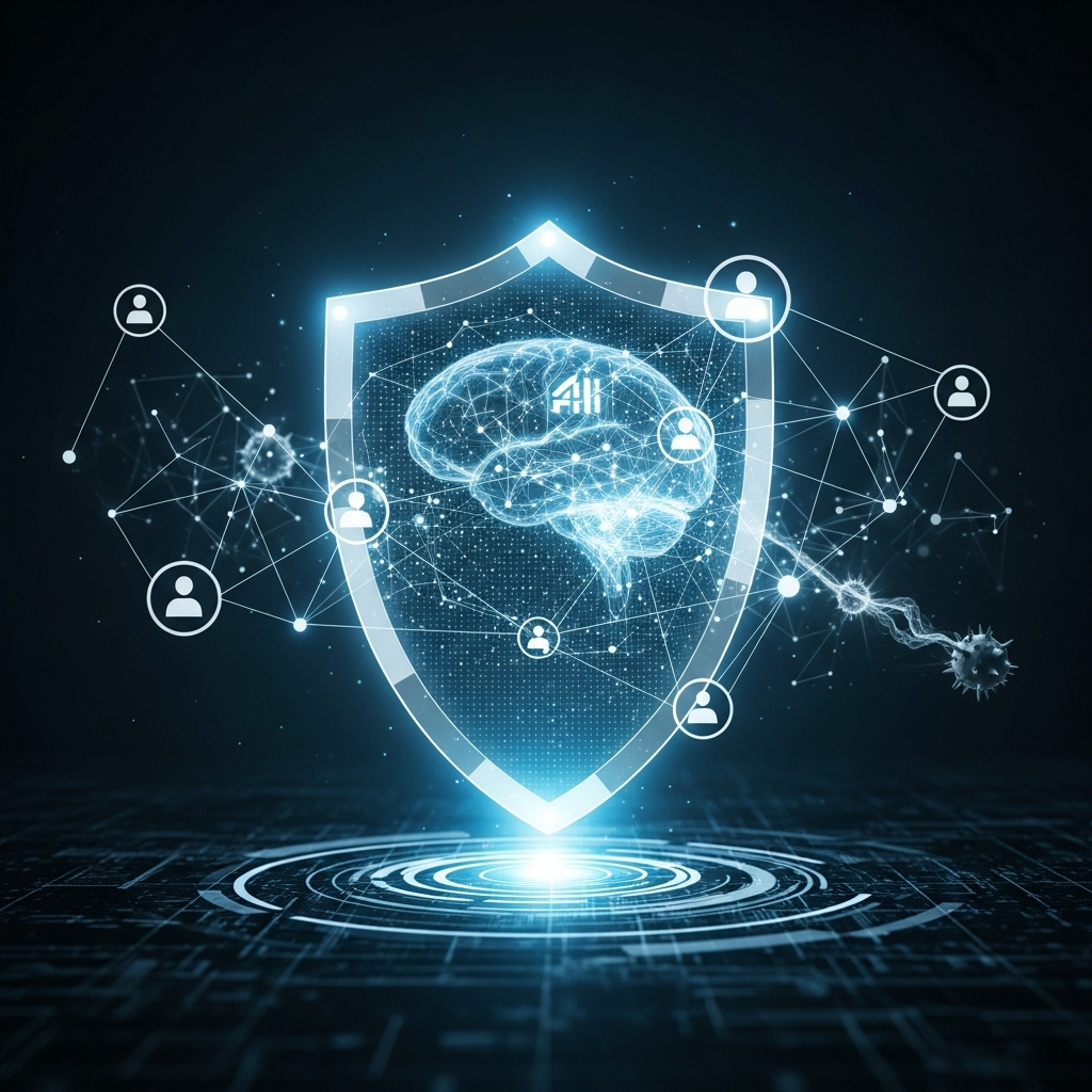 파란색과 회색 빛이 감도는 미래형 AI 보안 방패가 복잡한 데이터 네트워크와 개인정보 아이콘을 보호하고 있는 모습. 배경에는 사이버 위협 환경이 암시되어 있고, 방패는 공격을 막아내고 있음.