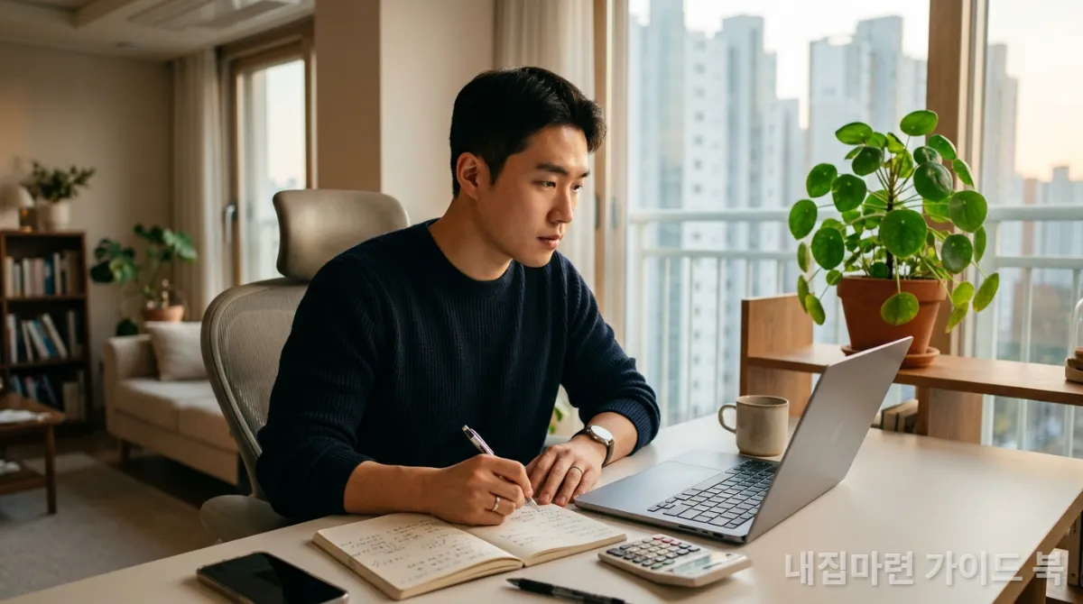 노트북과 노트로 자금 계획을 세우는 젊은 한국인