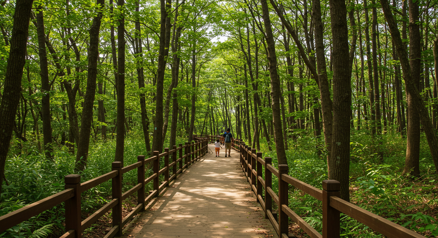 제주 한라생태숲의 잘 정비된 데크길을 걷는 한국인 가족