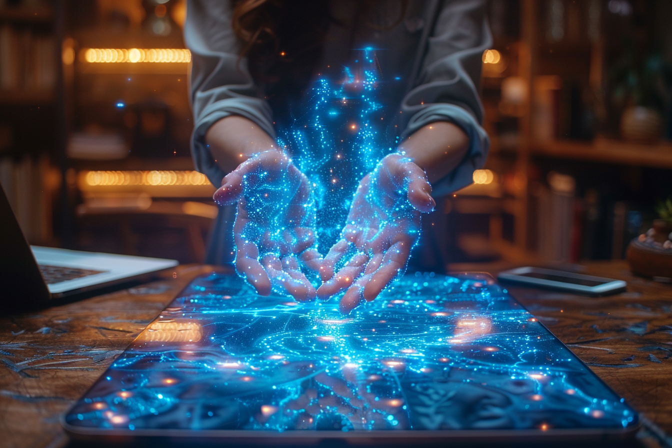 책상 위에 빛나는 파란색 에너지 형태로 표현된 AI 비서가 다양한 기기를 통해 사용자를 돕고 있는 미래지향적 이미지