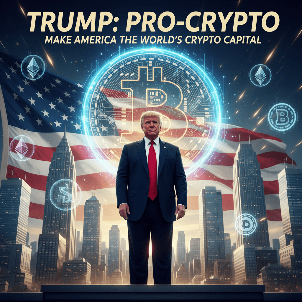 도널드 트럼프 대통령이 미국 국기 앞에 서서 "트럼프: 친 암호화폐"를 선언하는 모습