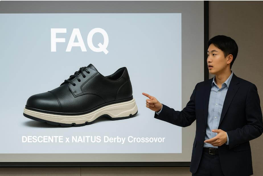 발표자가 스크린 속 FAQ와 신발 이미지를 설명하는 모습.