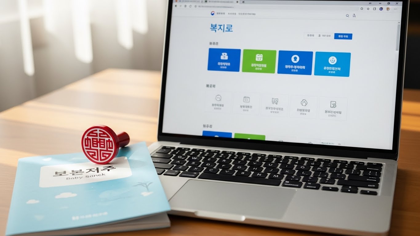 노트북 화면에 '복지로' 사이트가 띄워져 있고, 옆에 아기 수첩과 도장이 놓여 있는 책상 위 모습.