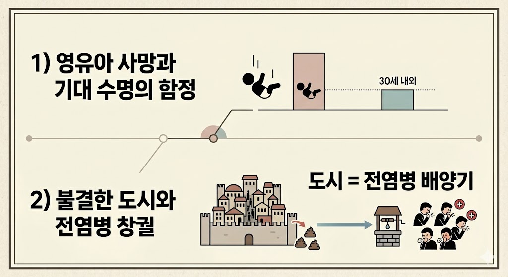 상단에는 '영유아 사망과 기대 수명의 함정'이라는 글귀와 함께 아이콘과 그래프가 있습니다. 이는 높은 영유아 사망률이 평균 수명을 낮추어 실제 수명이 짧은 것처럼 보이게 하는 통계적 함정을 시각화했습니다. 하단에는 '불결한 도시와 전염병 창궐'이라는 글귀와 함께 오염된 물을 마시고 병이 드는 사람들의 아이콘이 있습니다. 이는 불위생한 도시 환경이 수인성 전염병의 원인이 됨을 보여줍니다.