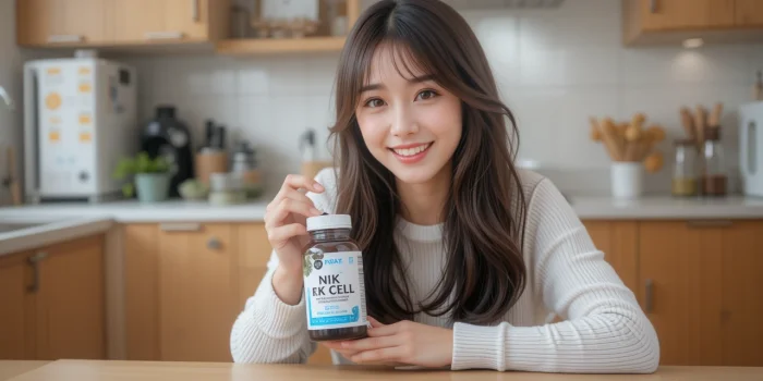 nk세포 영양제를 들고 있는 여성