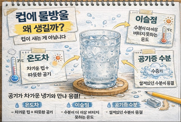 컵에 물방울 맺히는 이유 (온도차, 이슬점, 공기중 수분)