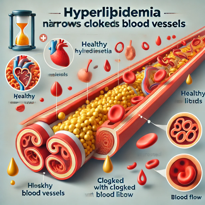 혈관 내부의 고지혈증 진행 과정을 설명하는 인포그래픽 