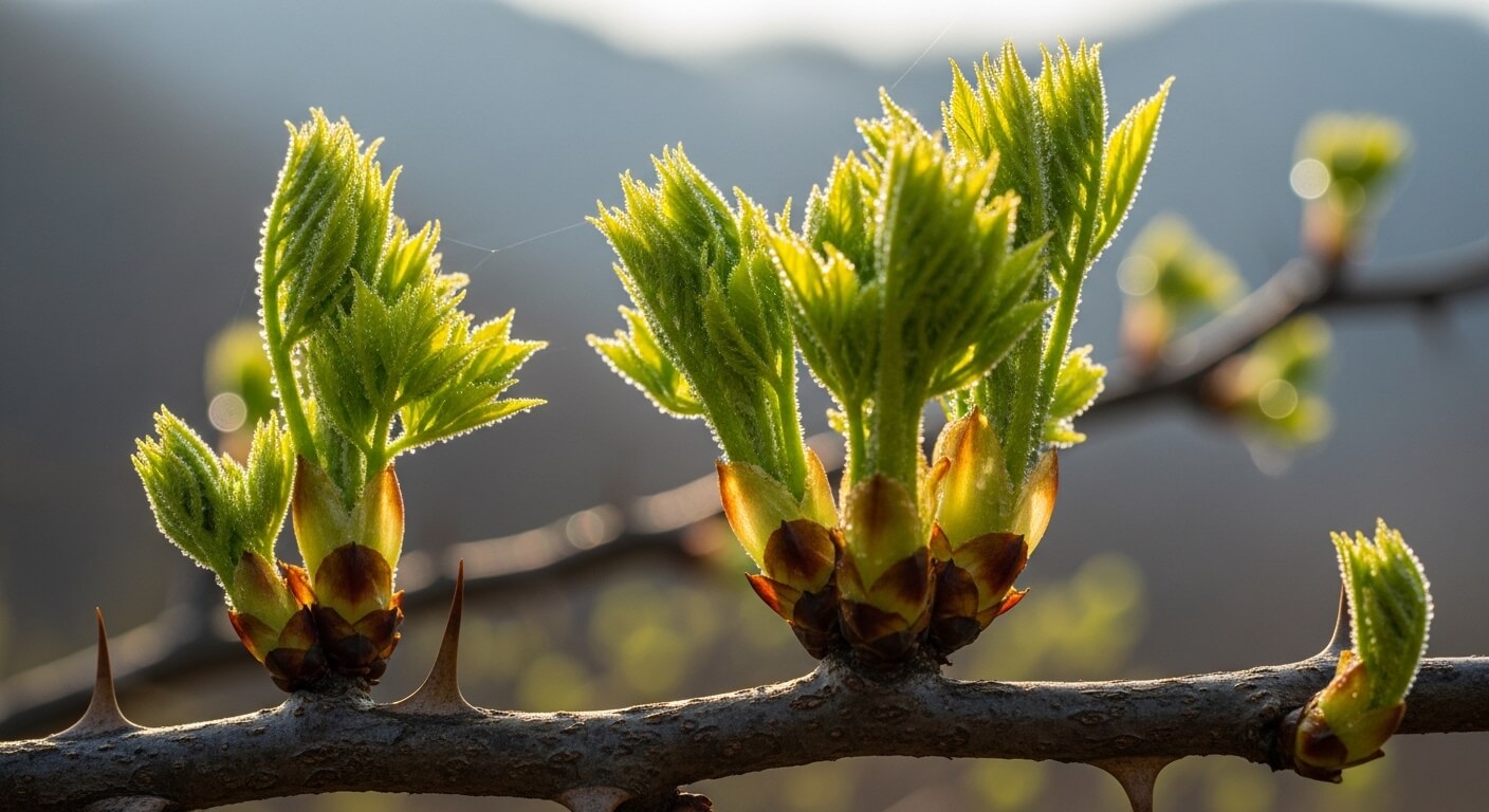 봄 햇살 아래 두릅나무 가지 끝에서 돋아나는 연한 두릅 새순