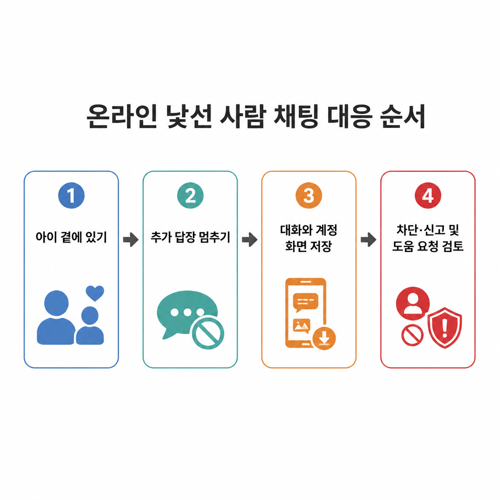 낯선 사람과의 온라인 채팅을 발견한 뒤 답장 중단과 증거 보존을 진행하는 순서도