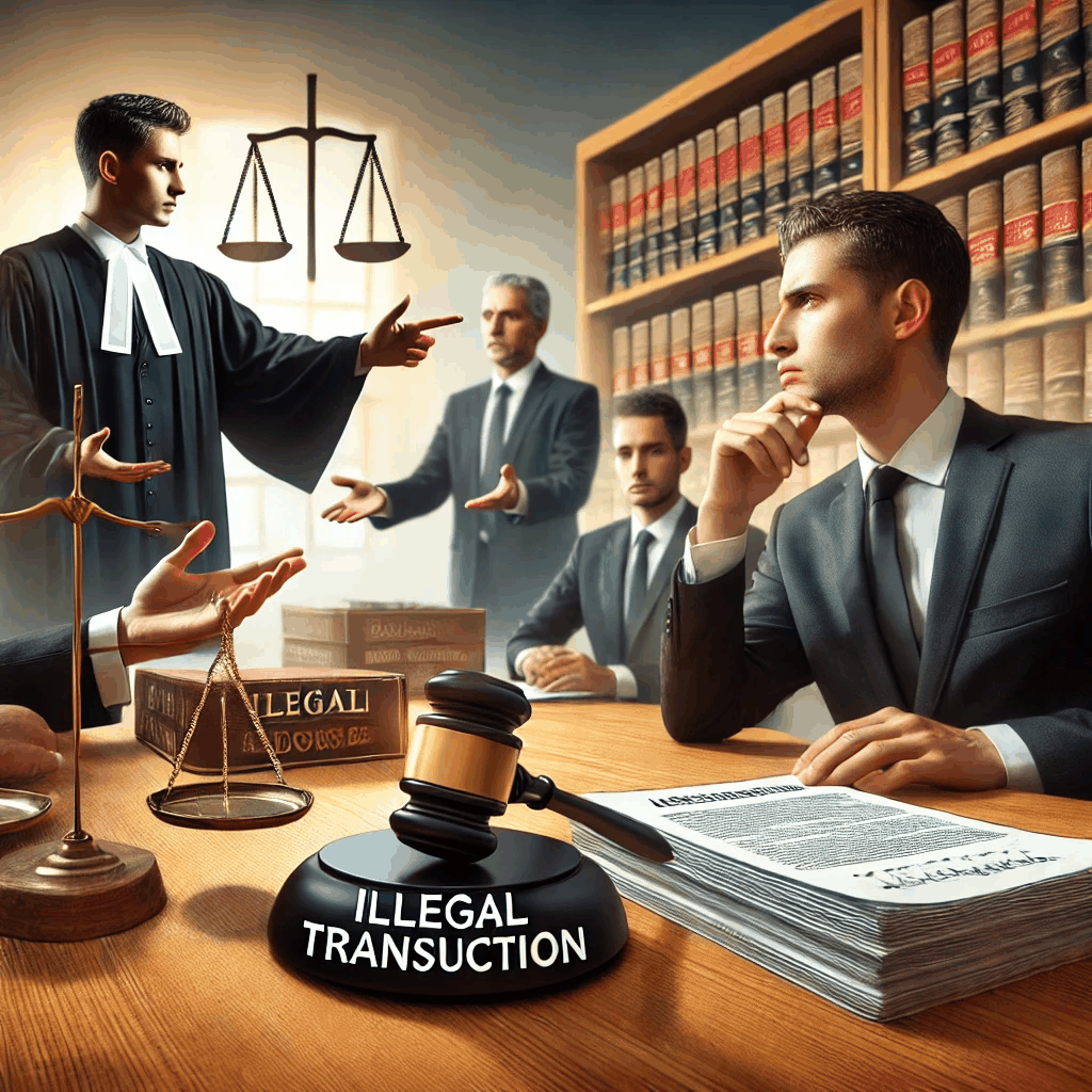 법정에서 판사가 불법 거래에 대한 판결을 내리는 가운데, 변호사들이 논쟁하고 당사자들이 상반된 감정을 보이는 장면