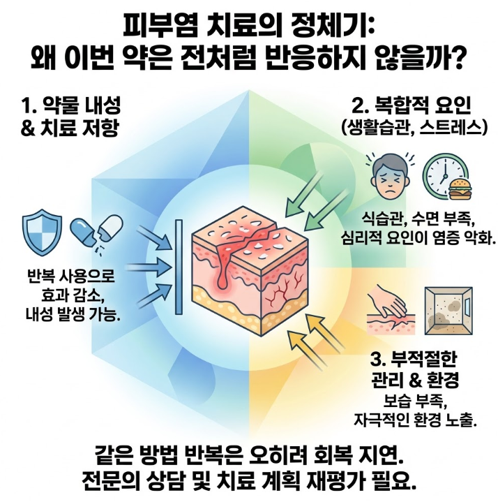 피부염 치료 정체기의 주요 원인: 약물 내성, 생활습관 요인, 부적절한 피부 관리 환경 설명 이미지