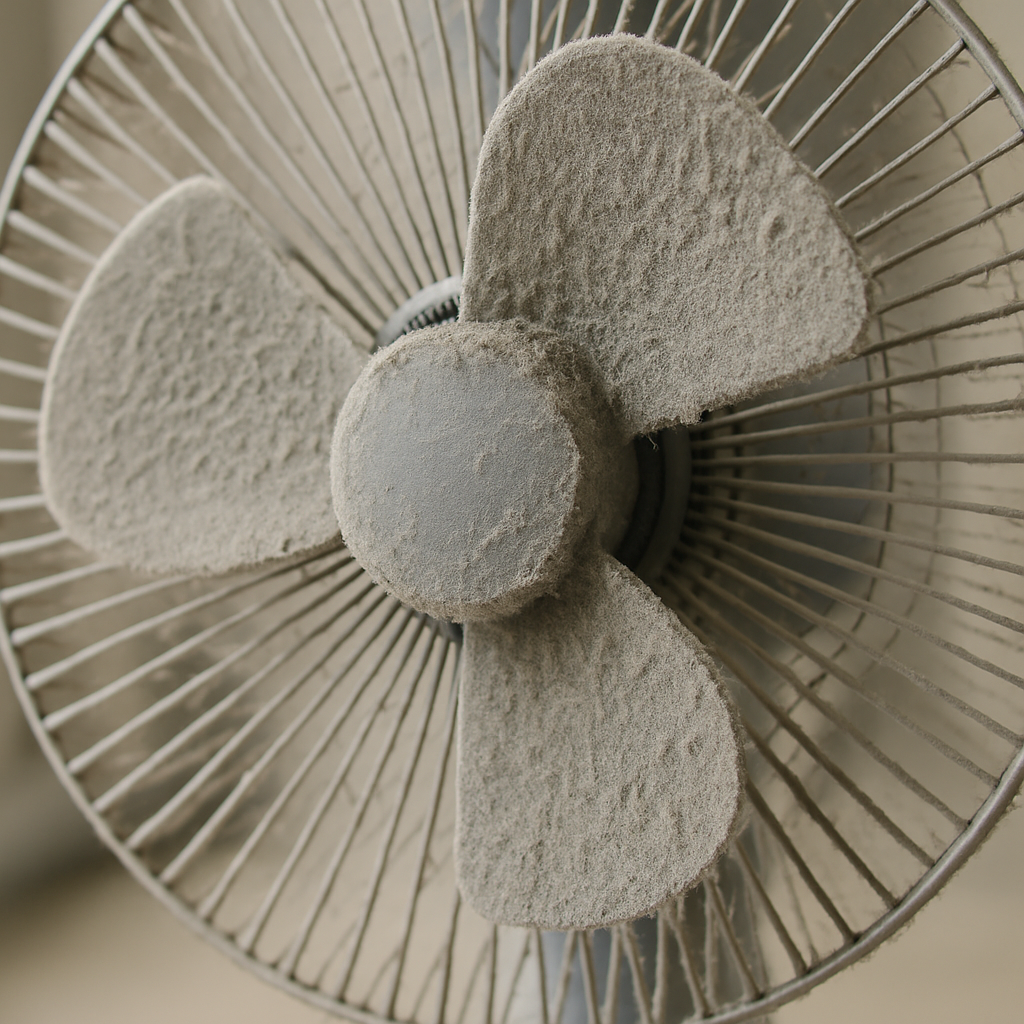 먼지가 가득 쌓인 회색 선풍기 날개의 근접 사진