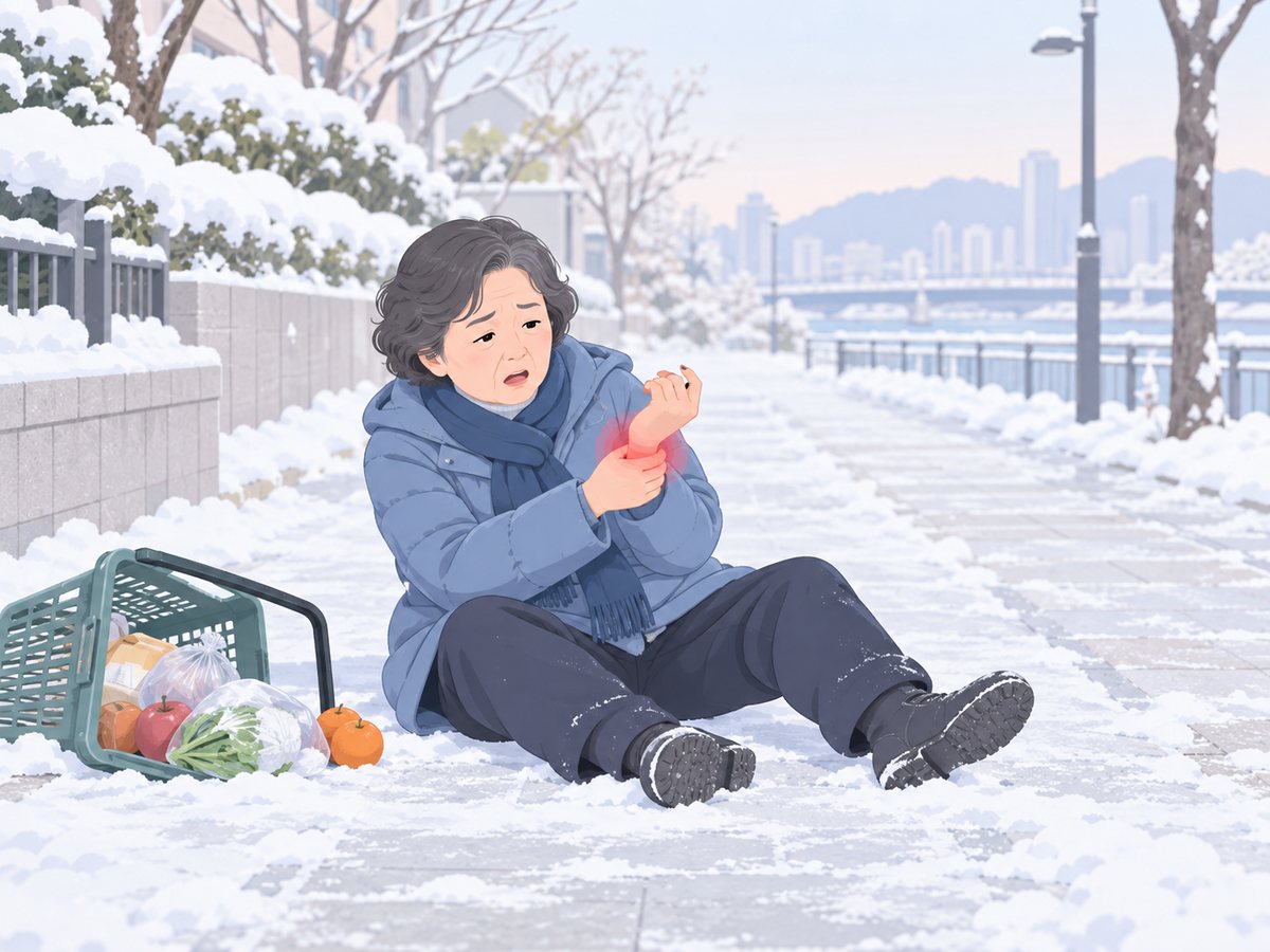 눈 덮인 길에 넘어져 장바구니를 쏟은 채 붉게 표시된 손목을 감싸 쥔 중년 여성
