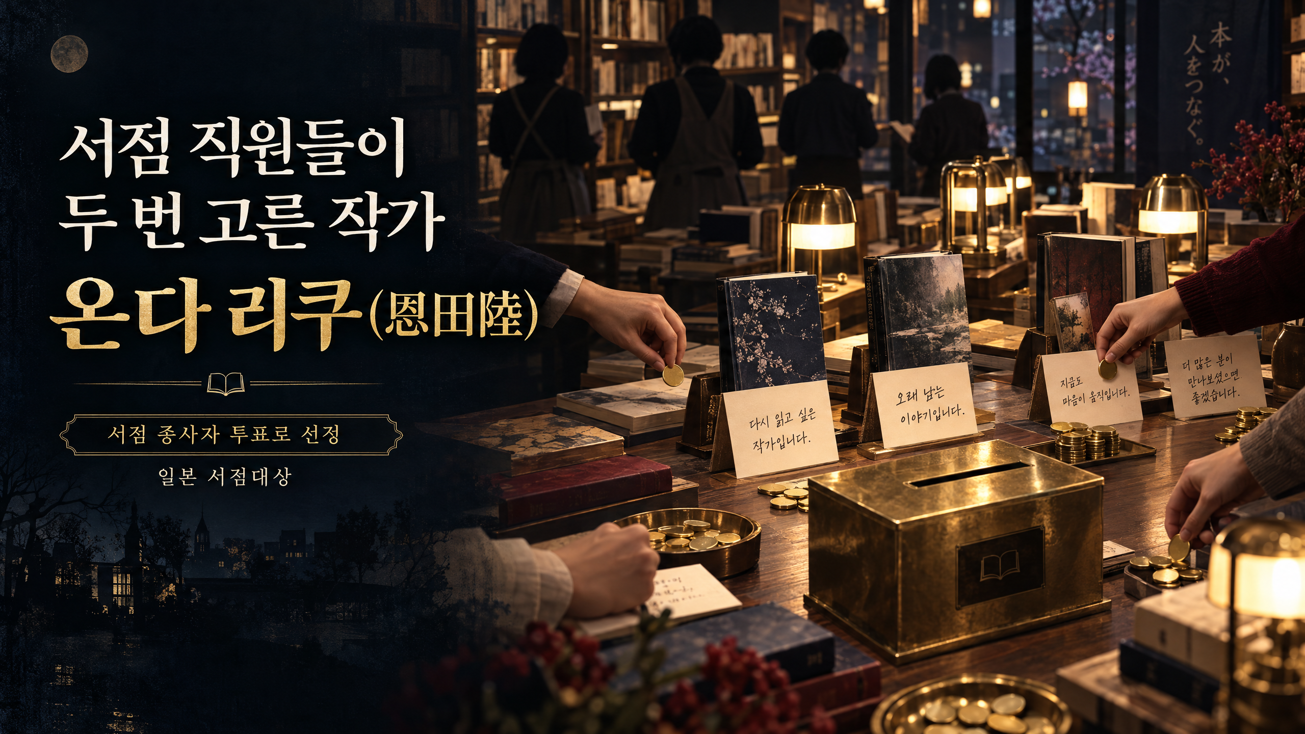 따뜻하고 아늑한 심야 서점 배경의 온다 리쿠 소개 블로그 썸네일. '서점 직원들이 두 번 고른 작가 온다 리쿠(恩田陸)'와 '서점 종사자 투표로 선정 일본 서점대상'이라는 타이틀 텍스트가 포함되어 있으며, 사람들이 서점에서 책을 고르고 있는 모습이 보입니다.