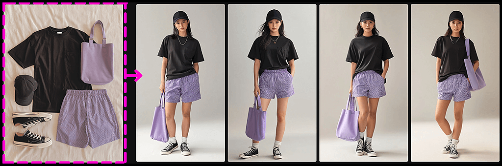 외부 플랫 레이 이미지, 검은색 티셔츠와 보라색 반바지, 운동화로 구성된 캐주얼 코디를 Midjourney OREF에 참조하는 예시 이미지_Midjourney