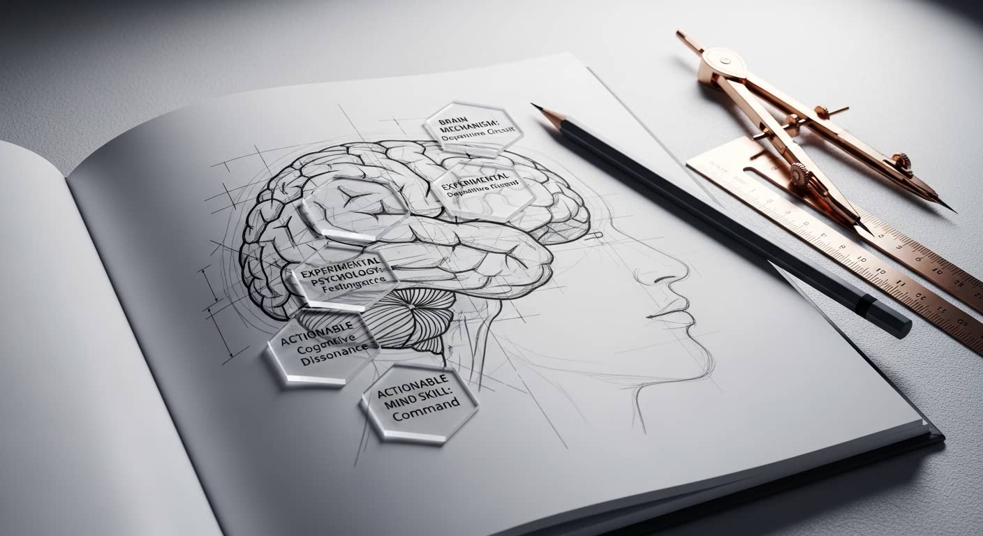 A detailed brain sketch on a notebook with psychology concepts, surrounded by drawing tools like a pencil and compass