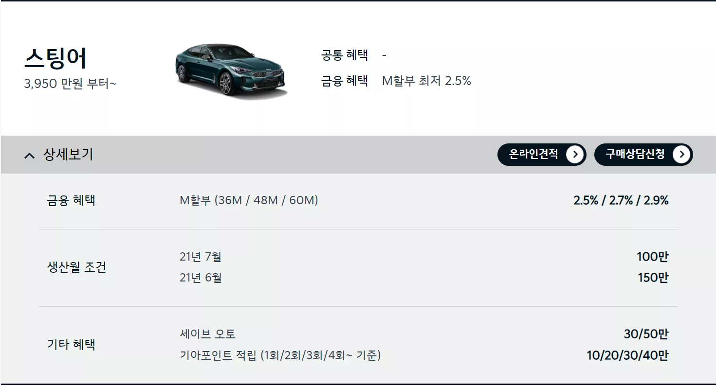 스팅어는 재고가 많은 차이기도 합니다. 출고 대기가 짧고 할인 폭이 큰 것처럼 보이지만...