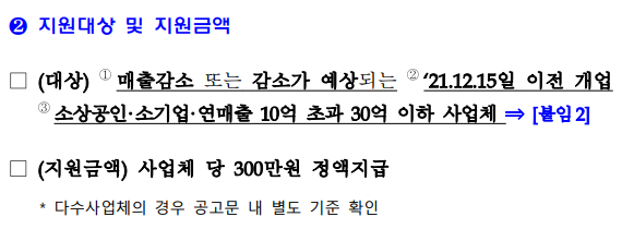 소상공인 방역지원금 지원대상 및 지원금액