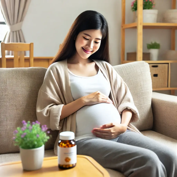 소파에 앉아 배를 어루만지며 미소 짓는 임산부 동양인 여성