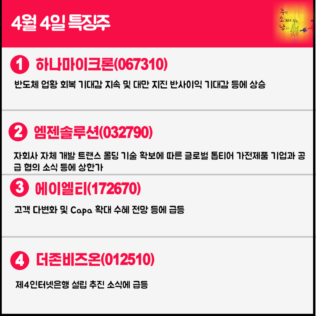 4월 4일 오늘의 특징주