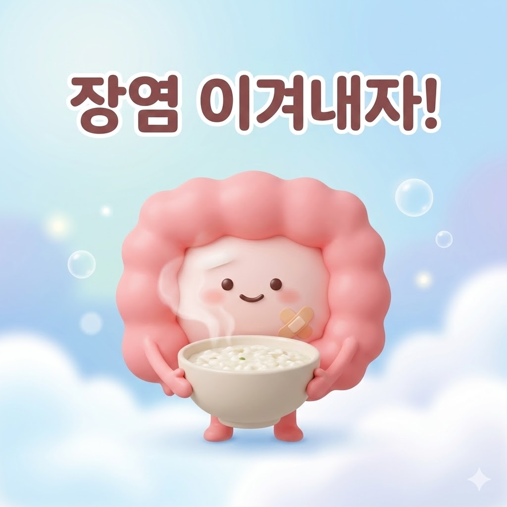 장염을 앓는 듯 보이는 귀여운 장 캐릭터가 따뜻한 흰 죽 한 그릇을 들고 미소 짓는 모습, 희망적인 메시지 "장염 이겨내자!"가 쓰여 있는 3D 카툰 일러스트.