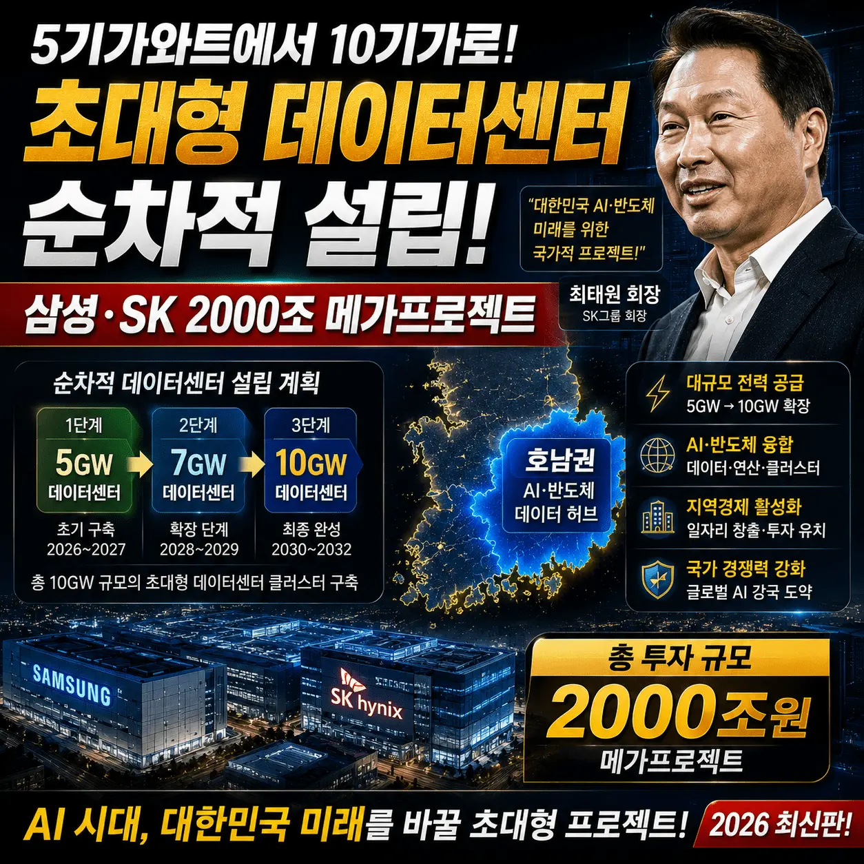 최태원 SK 회장 AI 데이터센터 5GW 10GW 순차 확대
서남권 400조 용인 600조 청주 100조 수혜주 총정리 2026